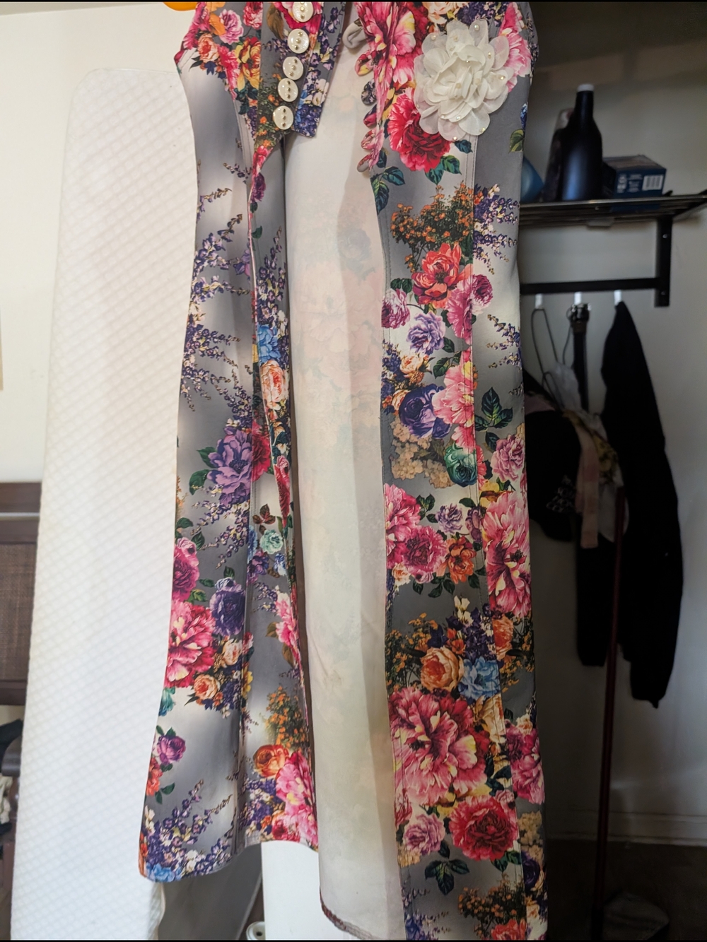 Floral Sleeveless Duster Vest in Gray with Multicolor Bouquet Print